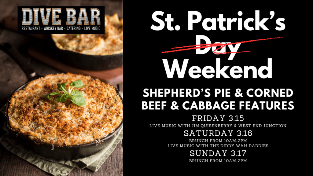 St Patrick's Day celebration at Dive Bar Columbia MO shepherd's pie corned beef and cabbage live music brunch 