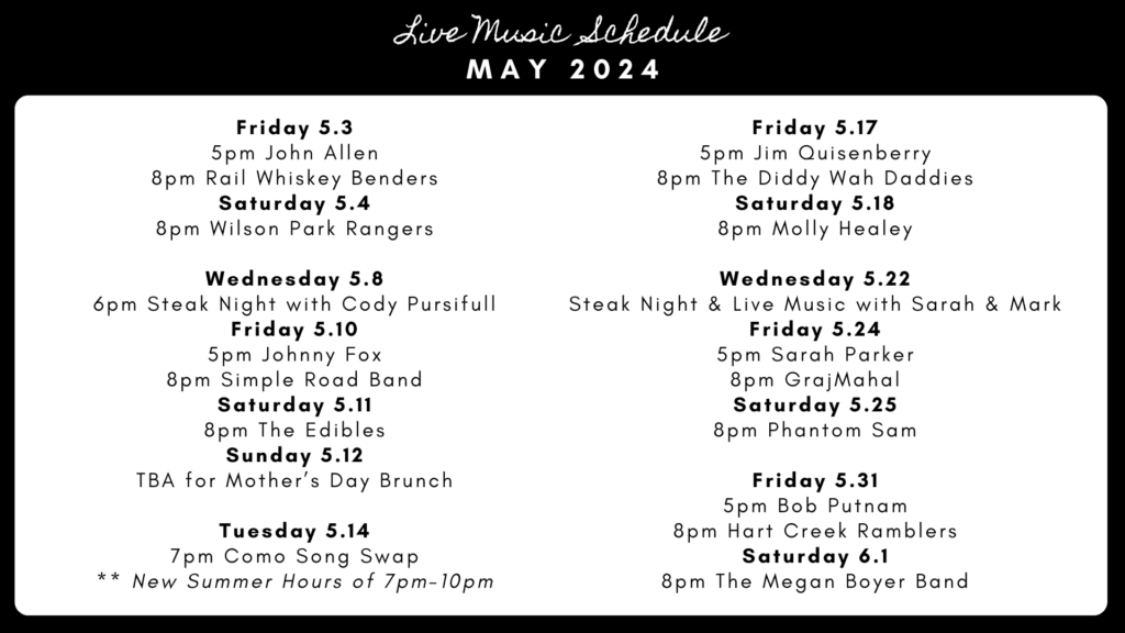 Live Music schedule for May 2024 Dive Bar Como Columbia Missouri 