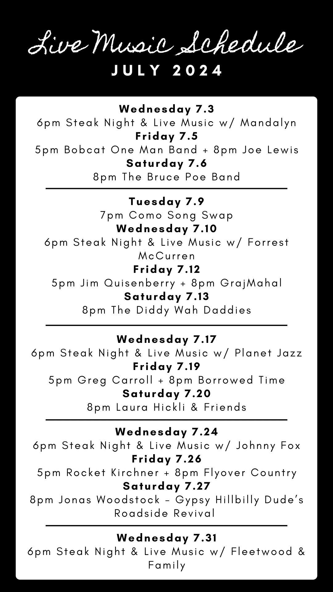 July live music schedule for Dive Bar Columbia Missouri