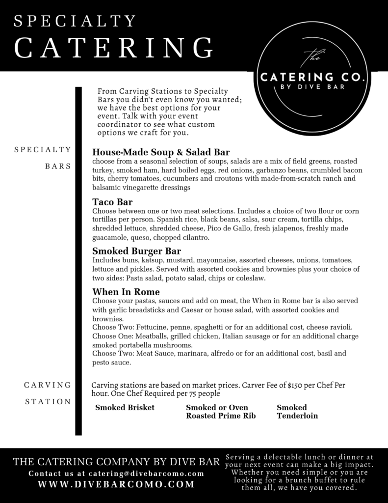 special custom catering menu Dive Bar Como Columbia, MO