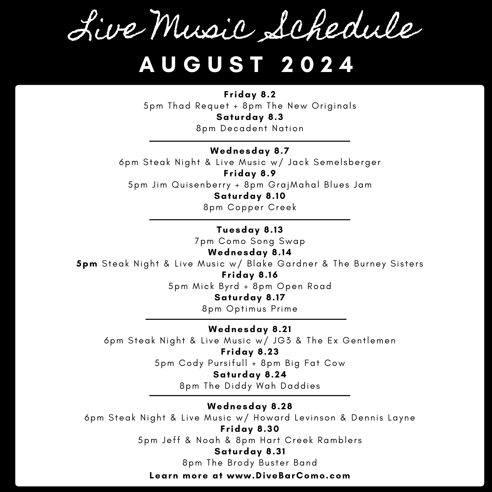 August Live Music Schedule Dive bar Como