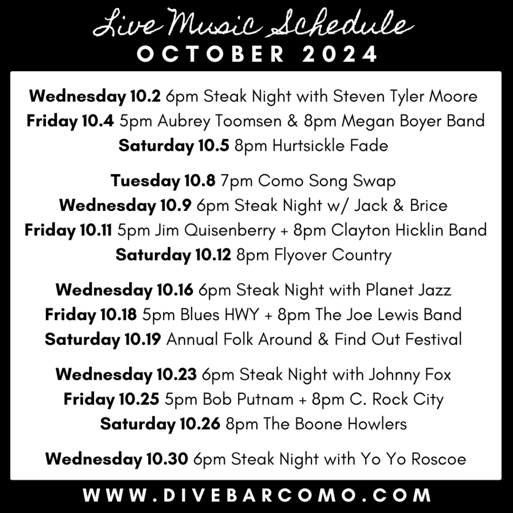 Live music schedule concert for Dive Bar Como Columbia Missouri bar restaurant