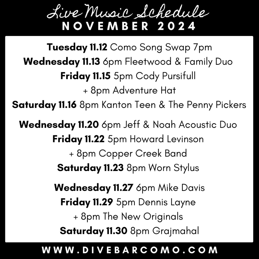 November live music schedule at Dive Bar Como columbia missouri restaurant pub band