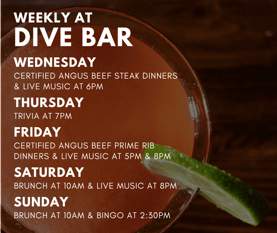 weekly events at Dive Bar  Como live music certified angus beef steak prime rib trivia bingo bar whiskey bourbon