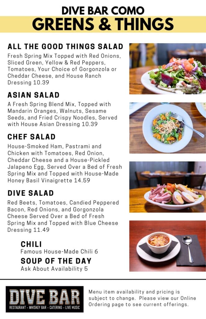 Dive Bar Como salad and soup menu Columbia, MO