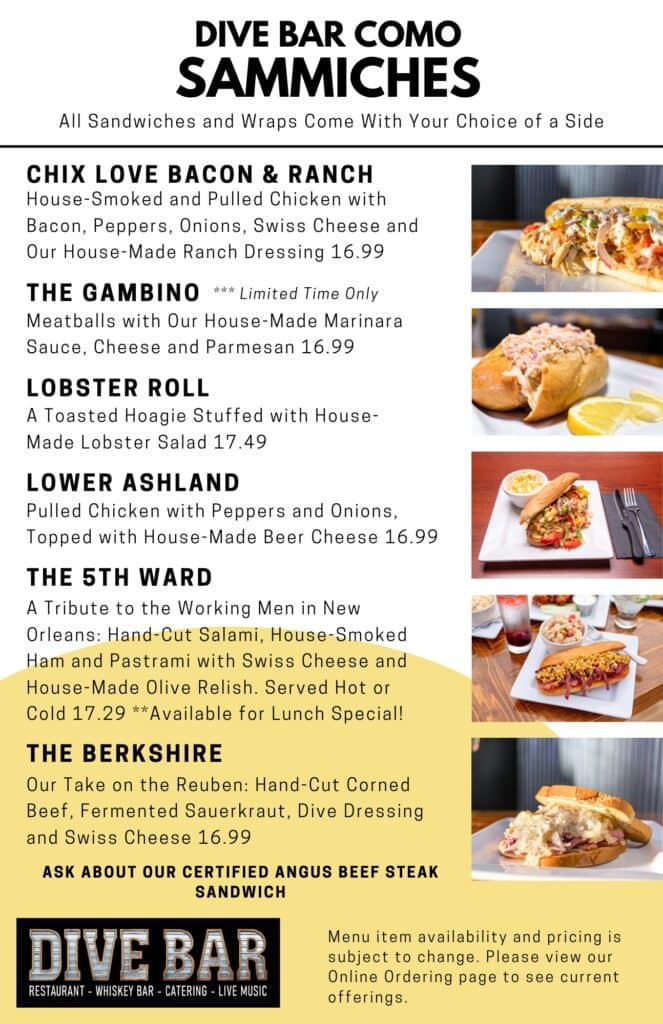Dive Bar Como Sandwiches and Wraps menu Columbia, MO