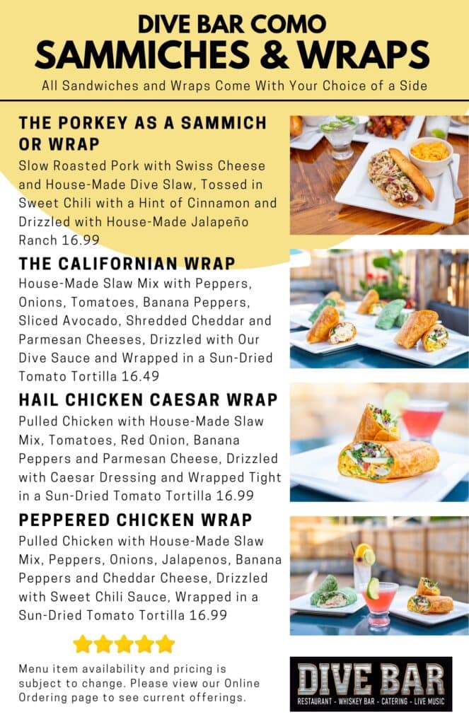 Dive Bar Como sandwiches and wraps menu Columbia, MO