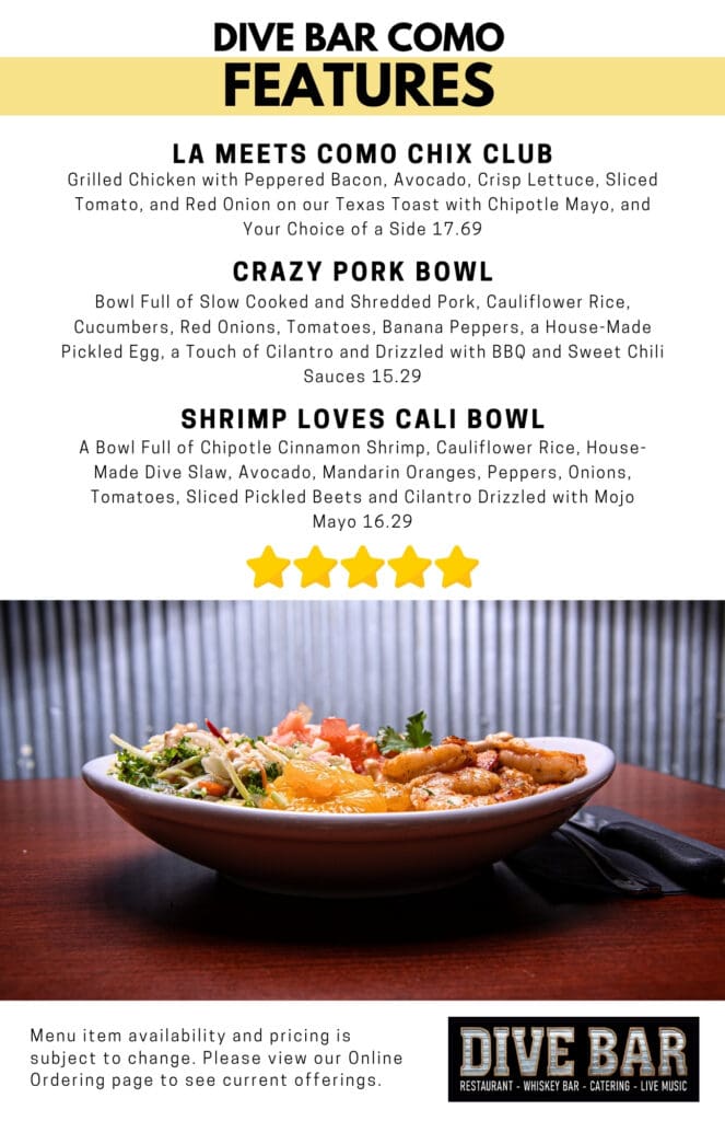 Dive Bar Como feature bowls menu Columbia, MO