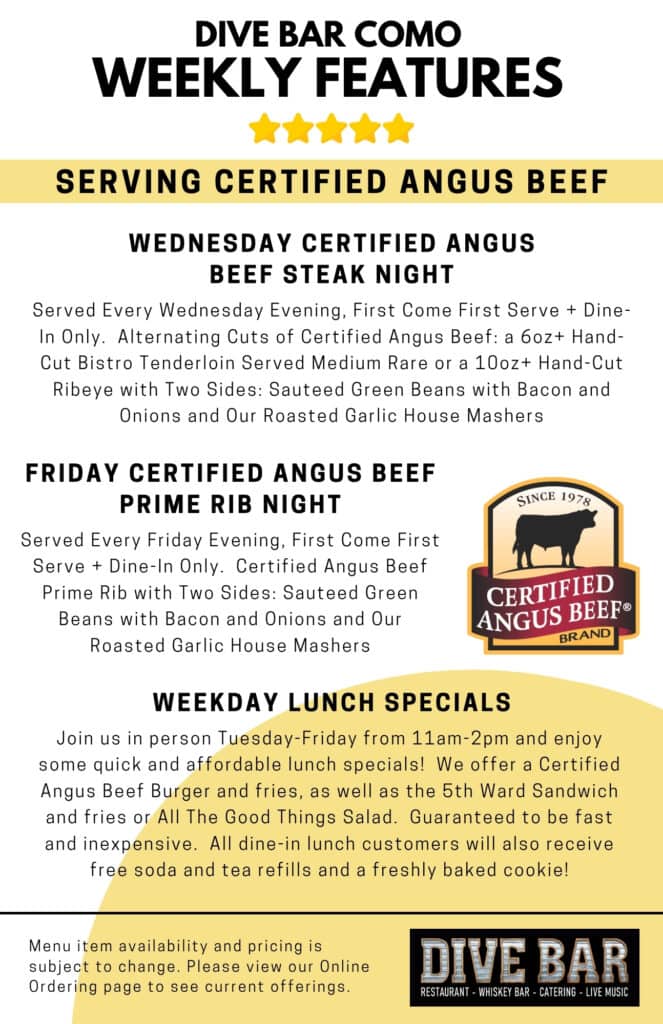 Dive Bar specials events with Certified Angus Beef Columbia, MO
