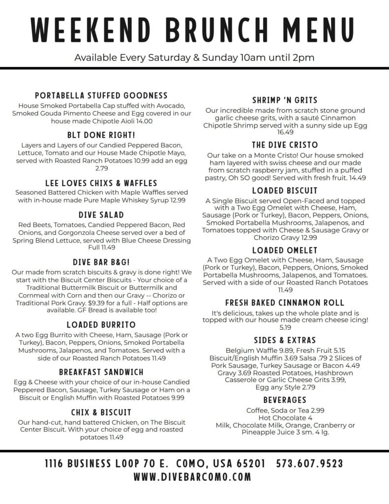 Weekend brunch menu at Dive Bar Como in Columbia, MO