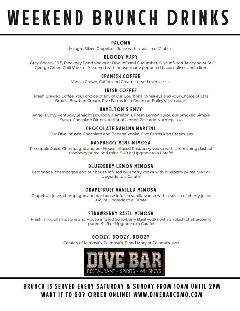 Weekend brunch drinks menu at Dive Bar Como in Columbia, MO