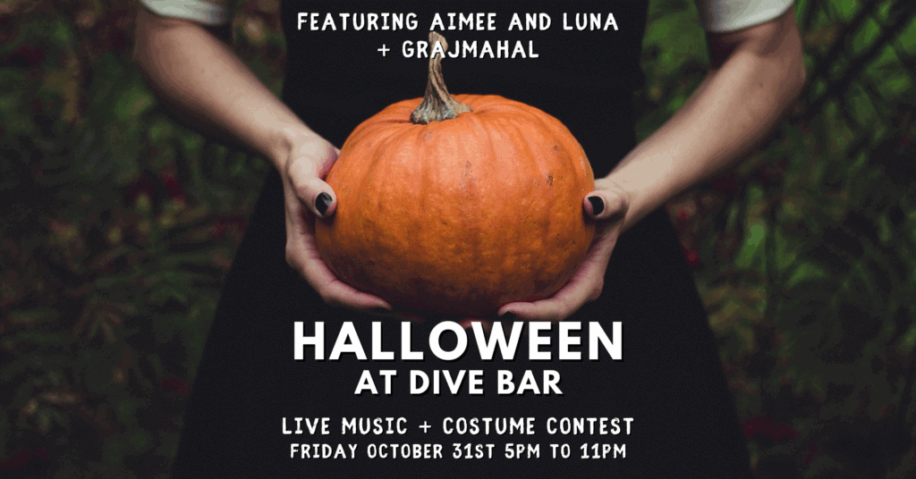 Flyer for Halloween party at Dive Bar Como. Live music, steak and costume contest.